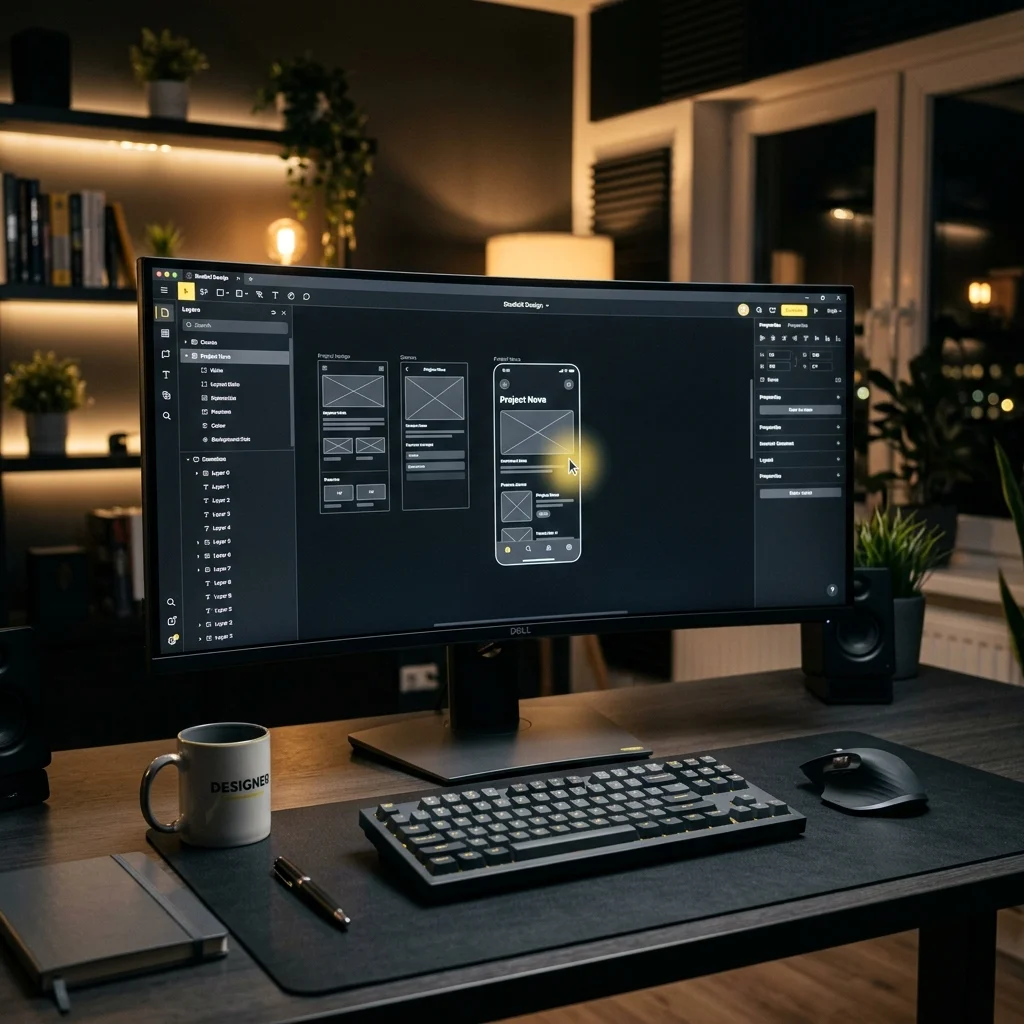 Abstraktes WEUX Coverbild mit Designsystem-Komponenten und KI-Prototyp