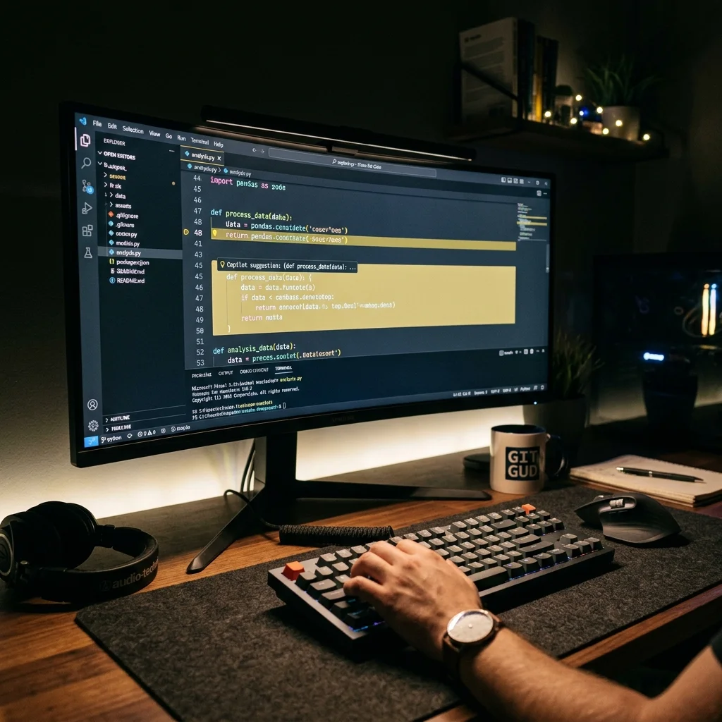 Abstraktes WEUX Coverbild mit drei KI-Coding-Workstations und Design-Canvas